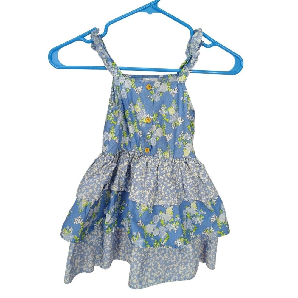 Floral Blue Girls Dress By HappyThreads 5Y With Button Details & Ruffles